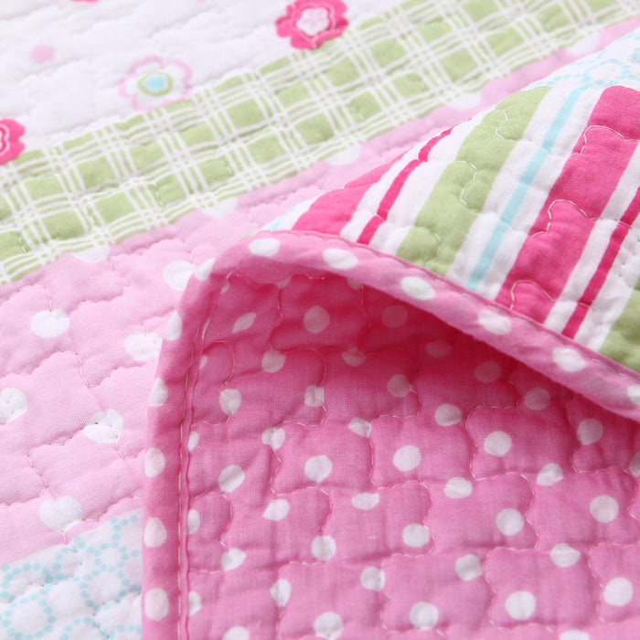 Greta Floral Stripe Pink Real Patchwork Cotton Reversible Quilt Bedding Set