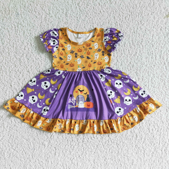 GSD0125 Ghost Pumpkin Purple Print Girls Halloween Knee Length Dress