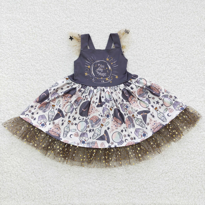 GSD0255 You Are Magic Stars Print Girls Halloween Knee Length Tulle Dress