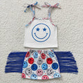 GSD0325 Smiling Strap Top Tassel Skirts Girls 4th of July Clothes Set