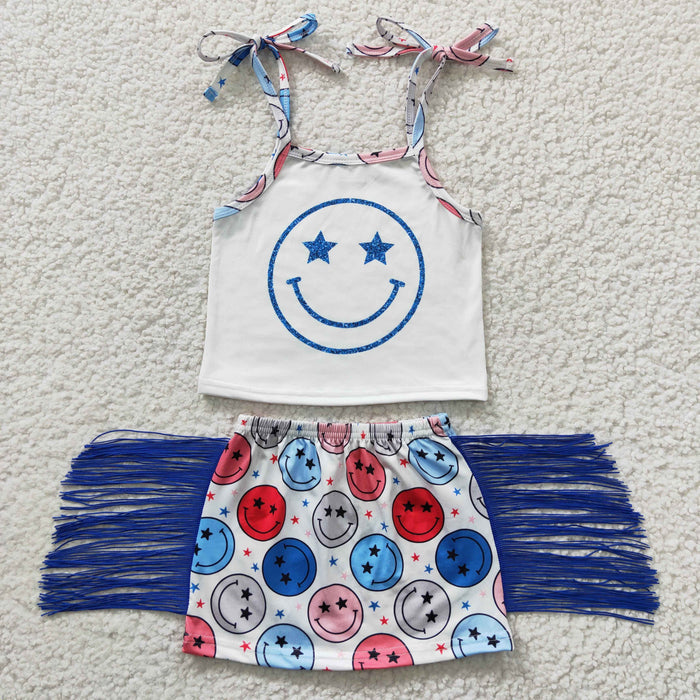 GSD0325 Smiling Strap Top Tassel Skirts Girls 4th of July Clothes Set