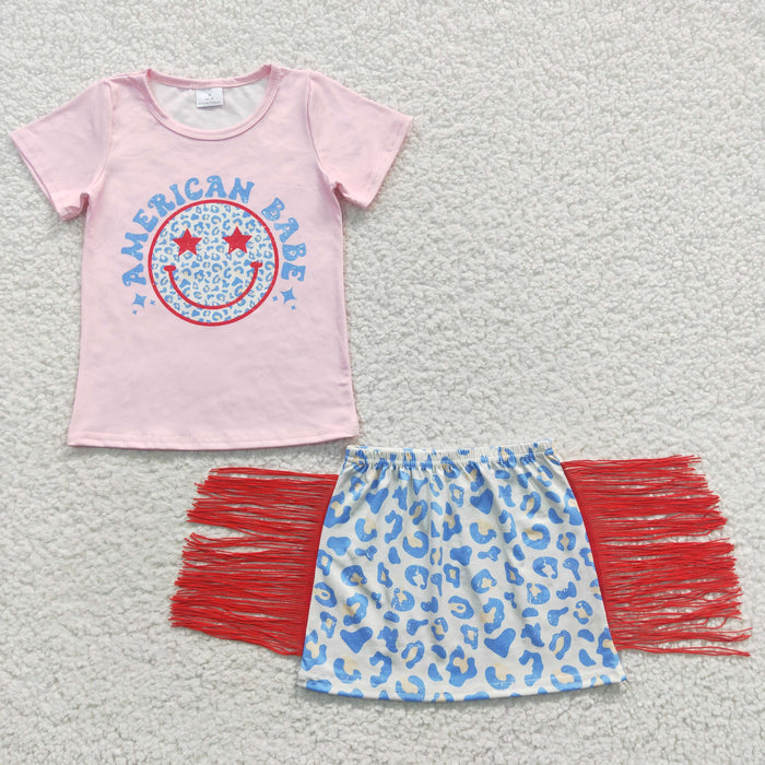 GSD0339 AMERICAN BABE Smiling Top Leopard Tassel Skirts Girls 4th of July Clothes Set