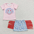 GSD0339 AMERICAN BABE Smiling Top Leopard Tassel Skirts Girls 4th of July Clothes Set