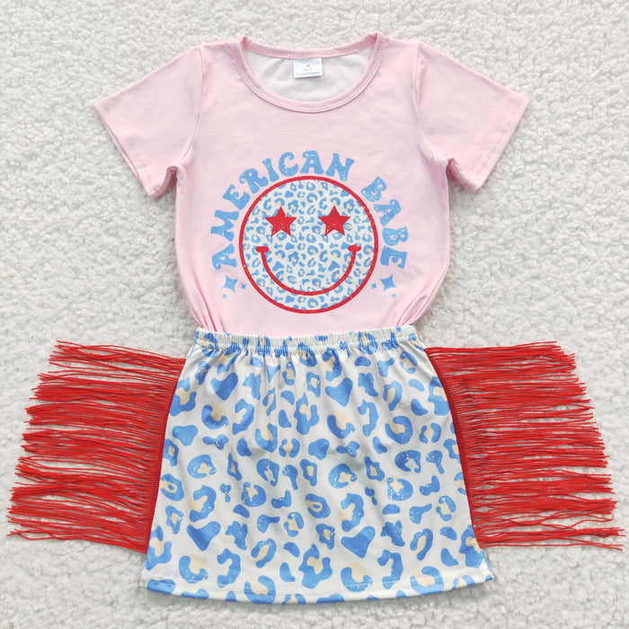 GSD0339 AMERICAN BABE Smiling Top Leopard Tassel Skirts Girls 4th of July Clothes Set