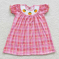 GSD0423 Pumpkin Embroidery Pink Checkerd Print Girls Fall Knee Length Smocked Dress