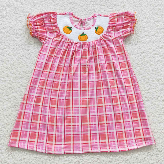 GSD0423 Pumpkin Embroidery Pink Checkerd Print Girls Fall Knee Length Smocked Dress