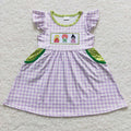 GSD0451 Witch Embroidery Purple Checkerd Girls Halloween Knee Length Dress