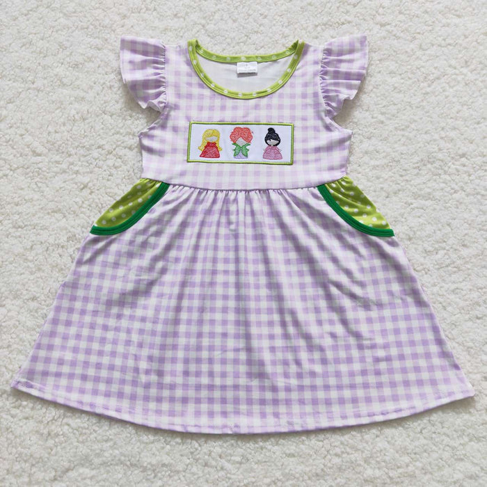 GSD0451 Witch Embroidery Purple Checkerd Girls Halloween Knee Length Dress