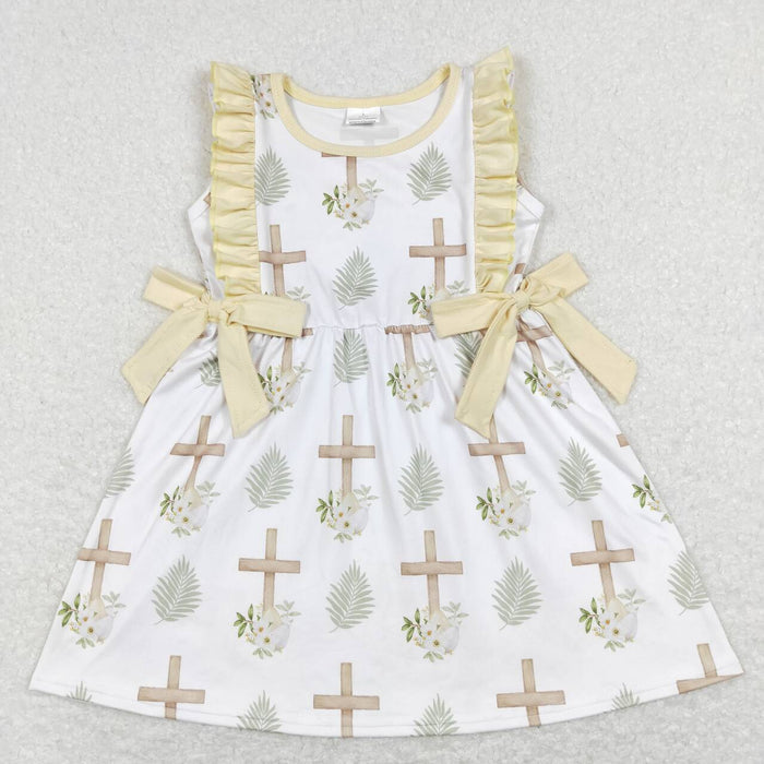 GSD0571 Cross Flowers Print Girls Easter Knee Length Dress