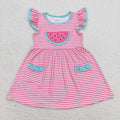 GSD0964 Watermelon Embroidery Pink Stripes Pockets Girls Flutter Sleeve Dress
