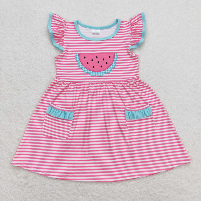 GSD0964 Watermelon Embroidery Pink Stripes Pockets Girls Flutter Sleeve Dress