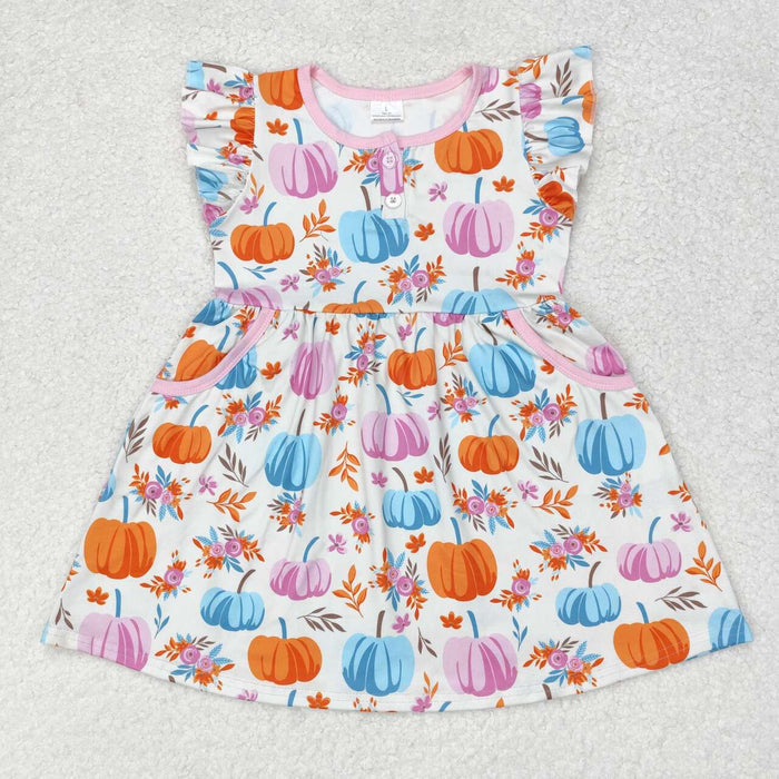 GSD1332 Pumpkin Flowers Print Pockets Girls Fall Knee Length Dress