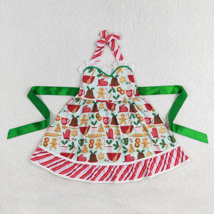 GSD1344 Gingerbread Holly Print Girls Christmas Knee Length Halter Dress