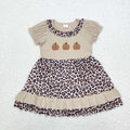 GSD1347 Pumpkin Embroidery Leopard Girls Ruffle Knee Length Dress