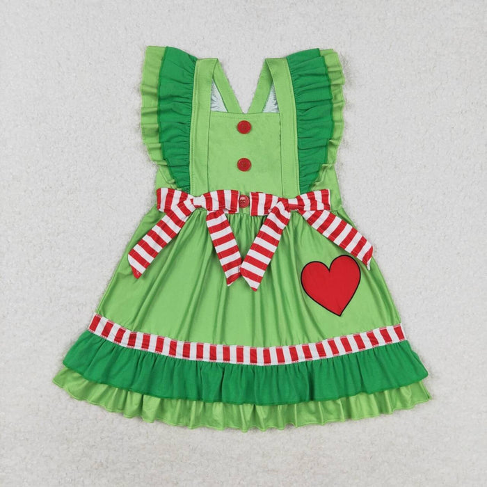 GSD1356 Heart Print Green Rufles Girls Christmas Knee Length Dress
