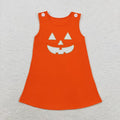 GSD1376 Smiling Face Embroidery Orange Cotton Girls Halloween Knee Length Dress