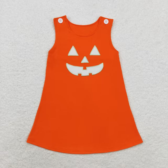 GSD1376 Smiling Face Embroidery Orange Cotton Girls Halloween Knee Length Dress