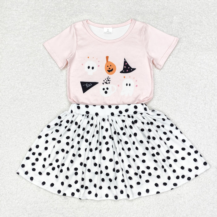 GSD1407 Ghost Pink Top Dots Skirts Girls Halloween Clothes Set