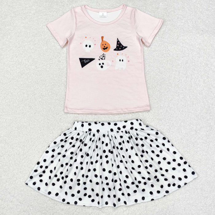 GSD1407 Ghost Pink Top Dots Skirts Girls Halloween Clothes Set