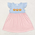 GSD1421 Pumpkin Embroidery Pink Checkered Girls Knee Length Dress