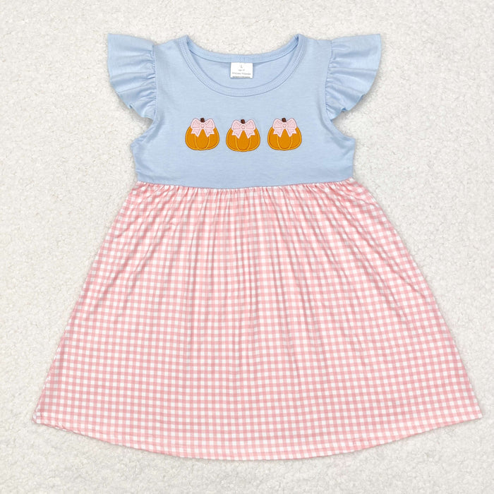 GSD1421 Pumpkin Embroidery Pink Checkered Girls Knee Length Dress