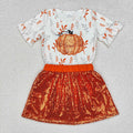 GSD1437 Pumpkin Embroidery Top Sequins Skirts Girls Fall Clothes Set