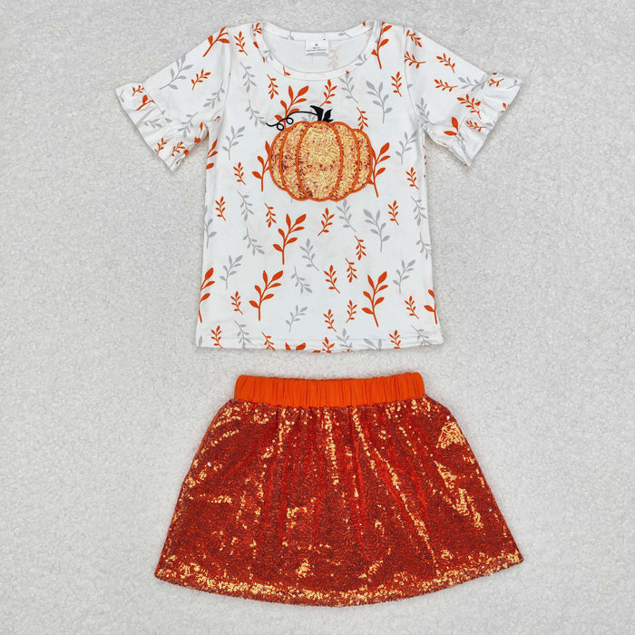 GSD1437 Pumpkin Embroidery Top Sequins Skirts Girls Fall Clothes Set