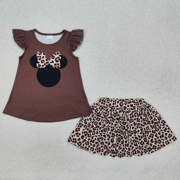 GSD1664  Cartoon Mouse Top Leopard Skirts Shorts Girls Summer Clothes Set