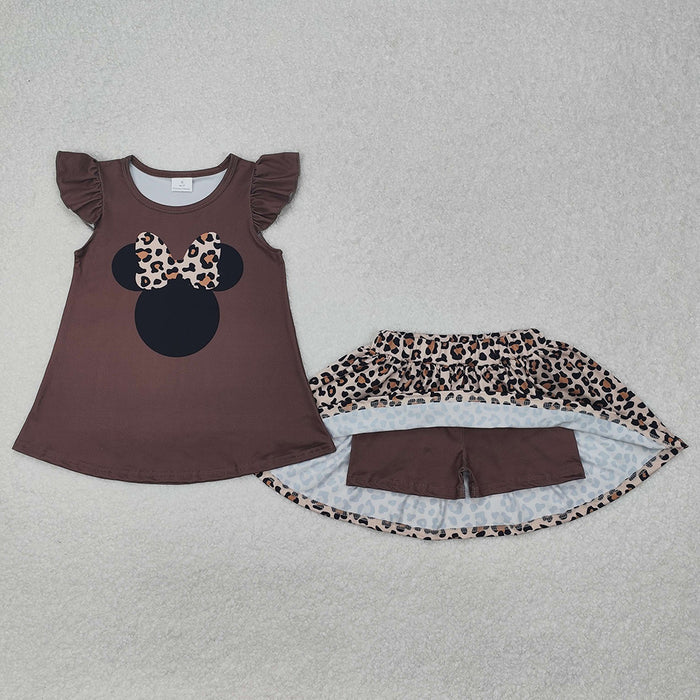 GSD1664  Cartoon Mouse Top Leopard Skirts Shorts Girls Summer Clothes Set