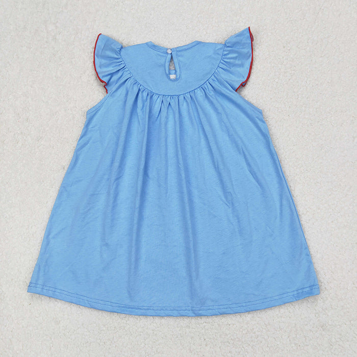GSD1818 Flag Sailboat Embroidery Blue Cotton Girls 4th of July Smocked Dress