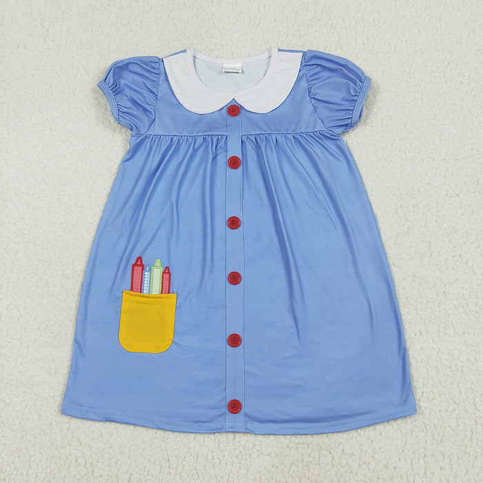 GSD1821 Pen Blue Doll Collar Button Girls Back to School Dress