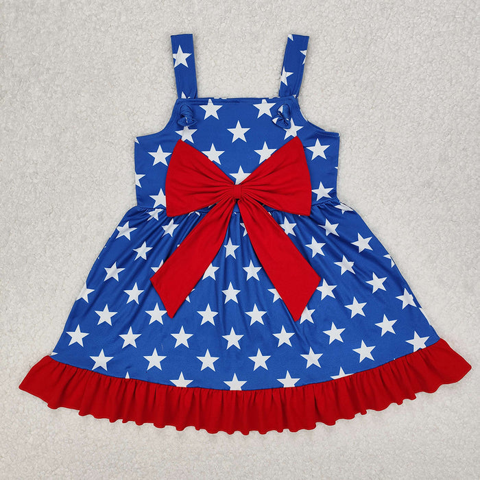 GSD1866 Stars Blue Bow Girls 4th of July Knee Length Strap Dress