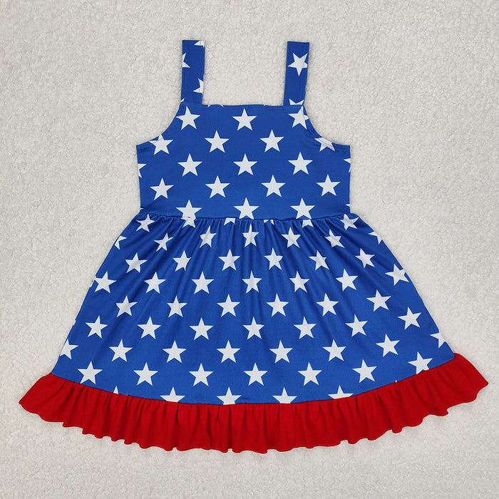 GSD1866 Stars Blue Bow Girls 4th of July Knee Length Strap Dress