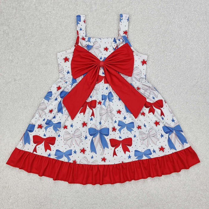 GSD1866 Stars Bows Print Girls 4th of July Knee Length Strap Dress