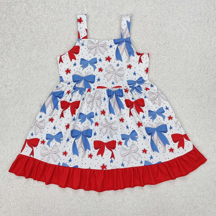 GSD1866 Stars Bows Print Girls 4th of July Knee Length Strap Dress
