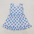 GSD1965 Stars Bows Print Girls 4th of July Knee Length Sleeveless Dress