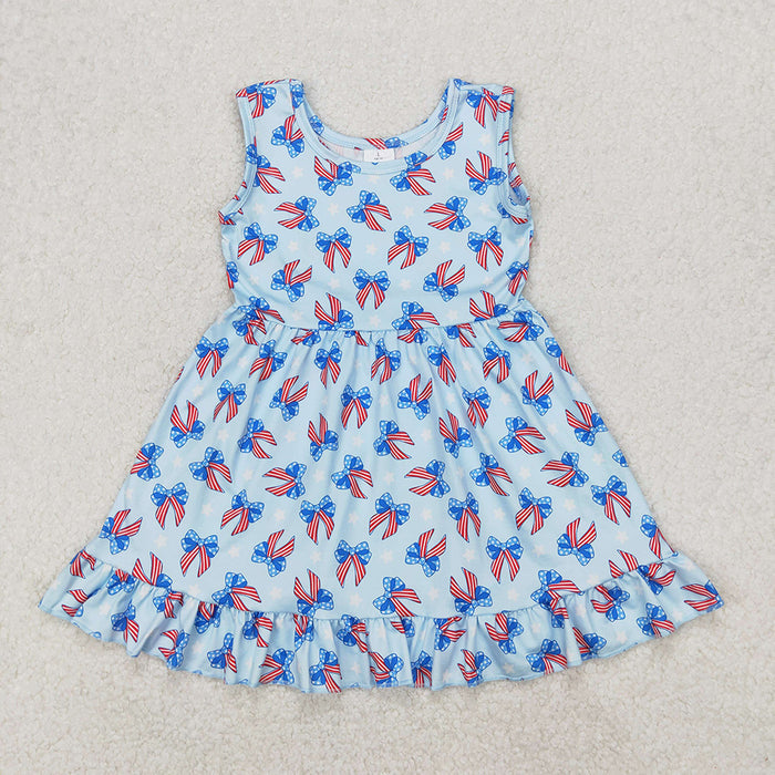 GSD1965 Stars Bows Print Girls 4th of July Knee Length Sleeveless Dress