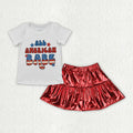 GSD2446 ALL AMERICA BABE Top Red Leather Metallic Skirts Baby Girls 4th of July Clothes Set