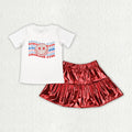 GSD2447 AMERICA BABE Smiling Top Red Leather Metallic Skirts Baby Girls 4th of July Clothes Set