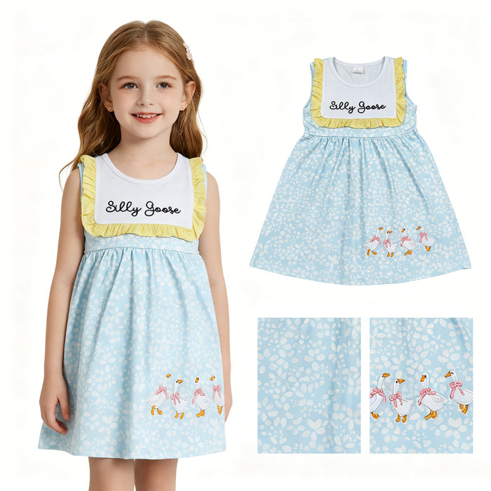 GSD2970 Sissy Goose Embroidery Blue Flowers Baby Girls Sleeveless Dress