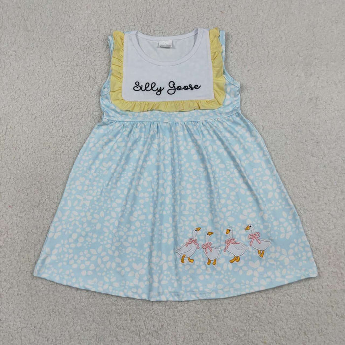 GSD2970 Sissy Goose Embroidery Blue Flowers Baby Girls Sleeveless Dress