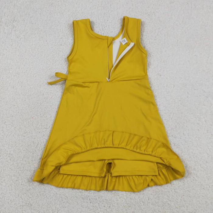 GSD3031 Mustard Girls Zipper Ruffle Yoga Sleeveless Shorts Dress