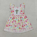 GSD3313 Girls’ Floral Cross Embroidery Lace Flutter Sleeve Smocked Girls Easter Dress