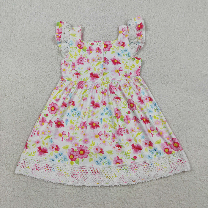 GSD3313 Girls’ Floral Cross Embroidery Lace Flutter Sleeve Smocked Girls Easter Dress