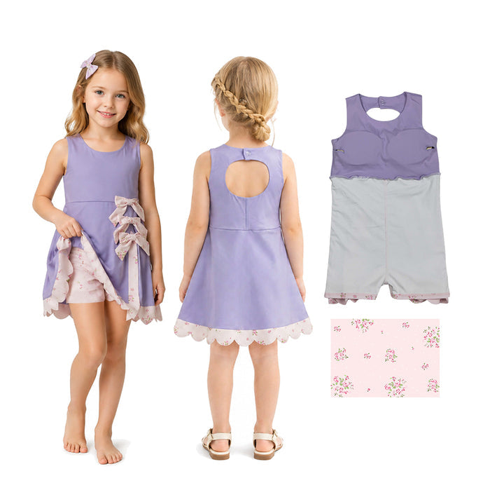GSD3317 Pink Floral Bows Scallop Edge Baby Girls Purple Sleeveless Yoga Dress