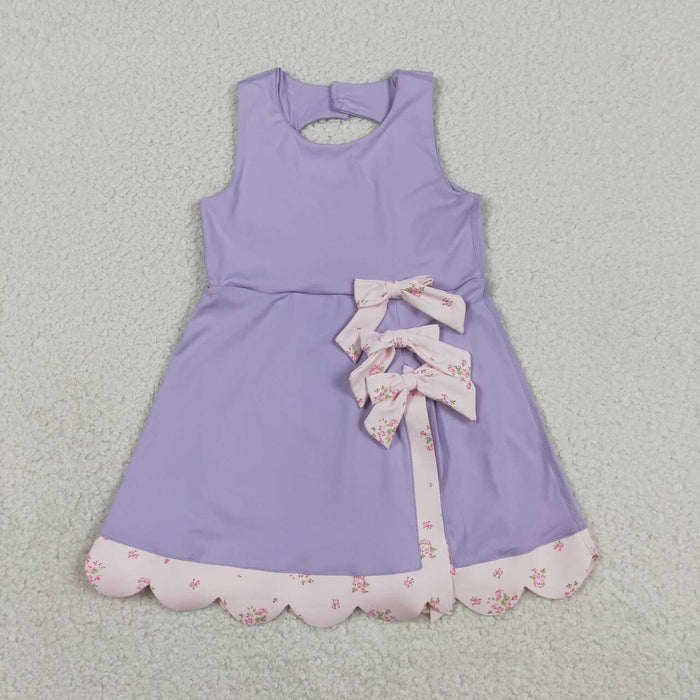 GSD3317 Pink Floral Bows Scallop Edge Baby Girls Purple Sleeveless Yoga Dress