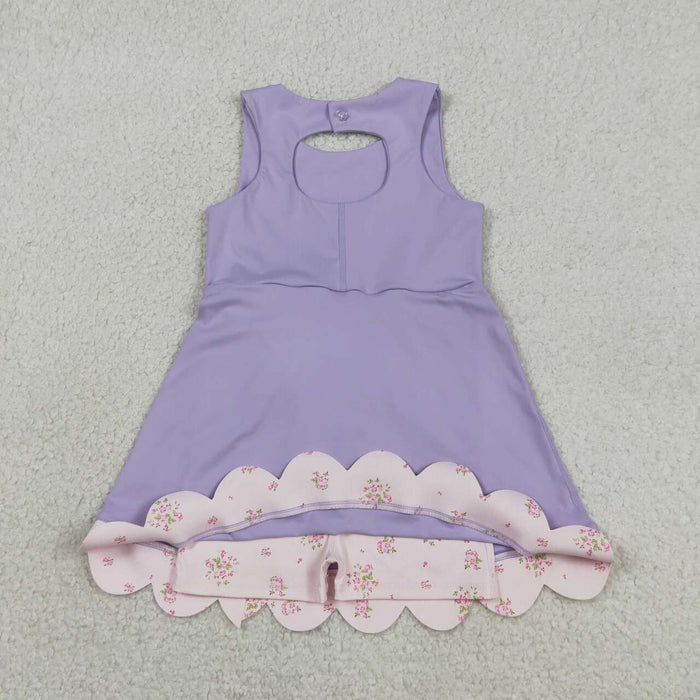GSD3317 Pink Floral Bows Scallop Edge Baby Girls Purple Sleeveless Yoga Dress