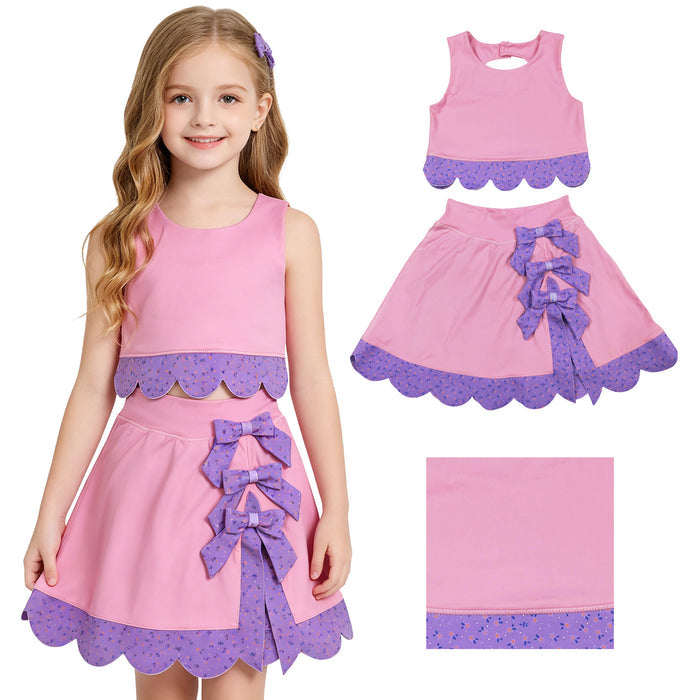GSD3319 Pink Tank Top Bows Skort Purple Small Flowers Scallop Edge Girls Yoga Clothes Set