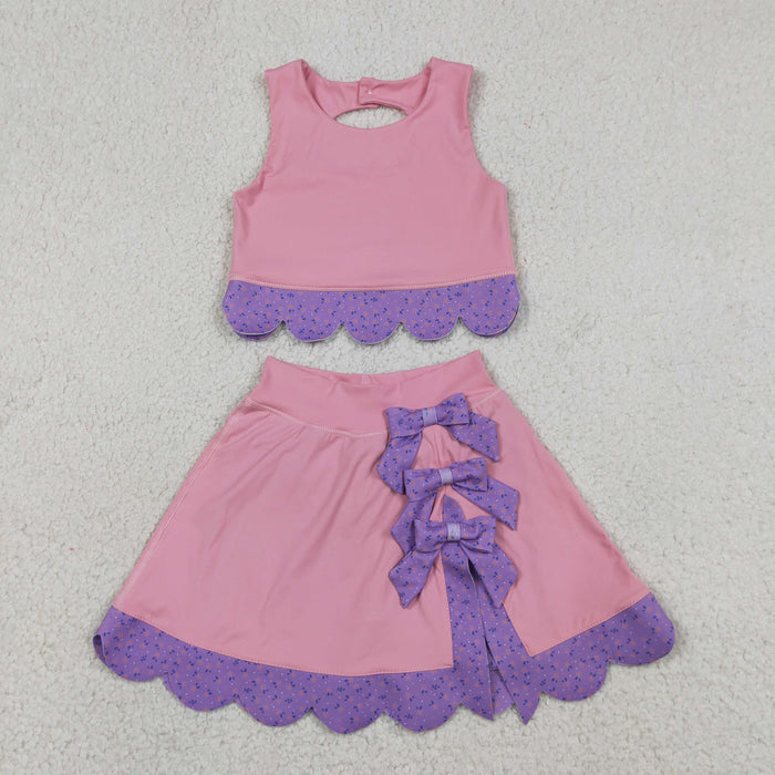 GSD3319 Pink Tank Top Bows Skort Purple Small Flowers Scallop Edge Girls Yoga Clothes Set