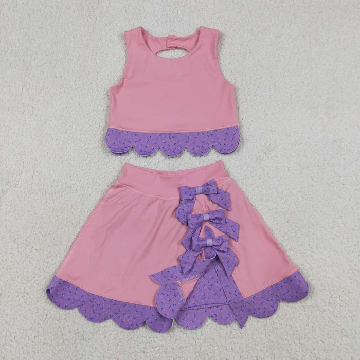 GSD3319 Pink Tank Top Bows Skort Purple Small Flowers Scallop Edge Girls Yoga Clothes Set